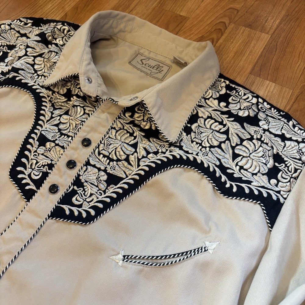 Scully Men's Western Floral Embroidered Button-Up Gunfighter Shirt Beige XXL